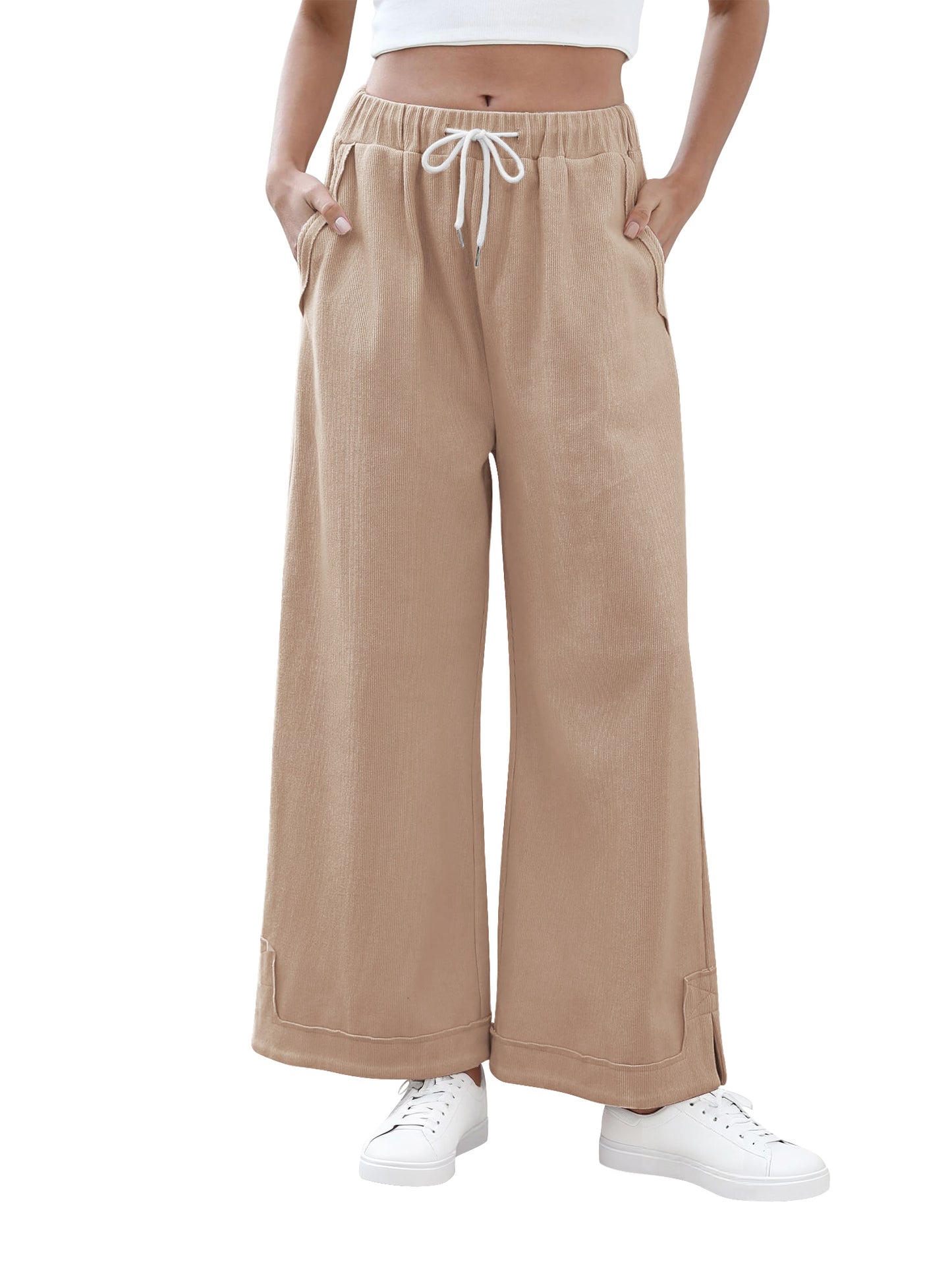 TEMOFON Womens Baggy Wide Leg Palazzo Pants Fall Casual Loose Drawstring Elastic Waisted Lounge Trousers with Pockets