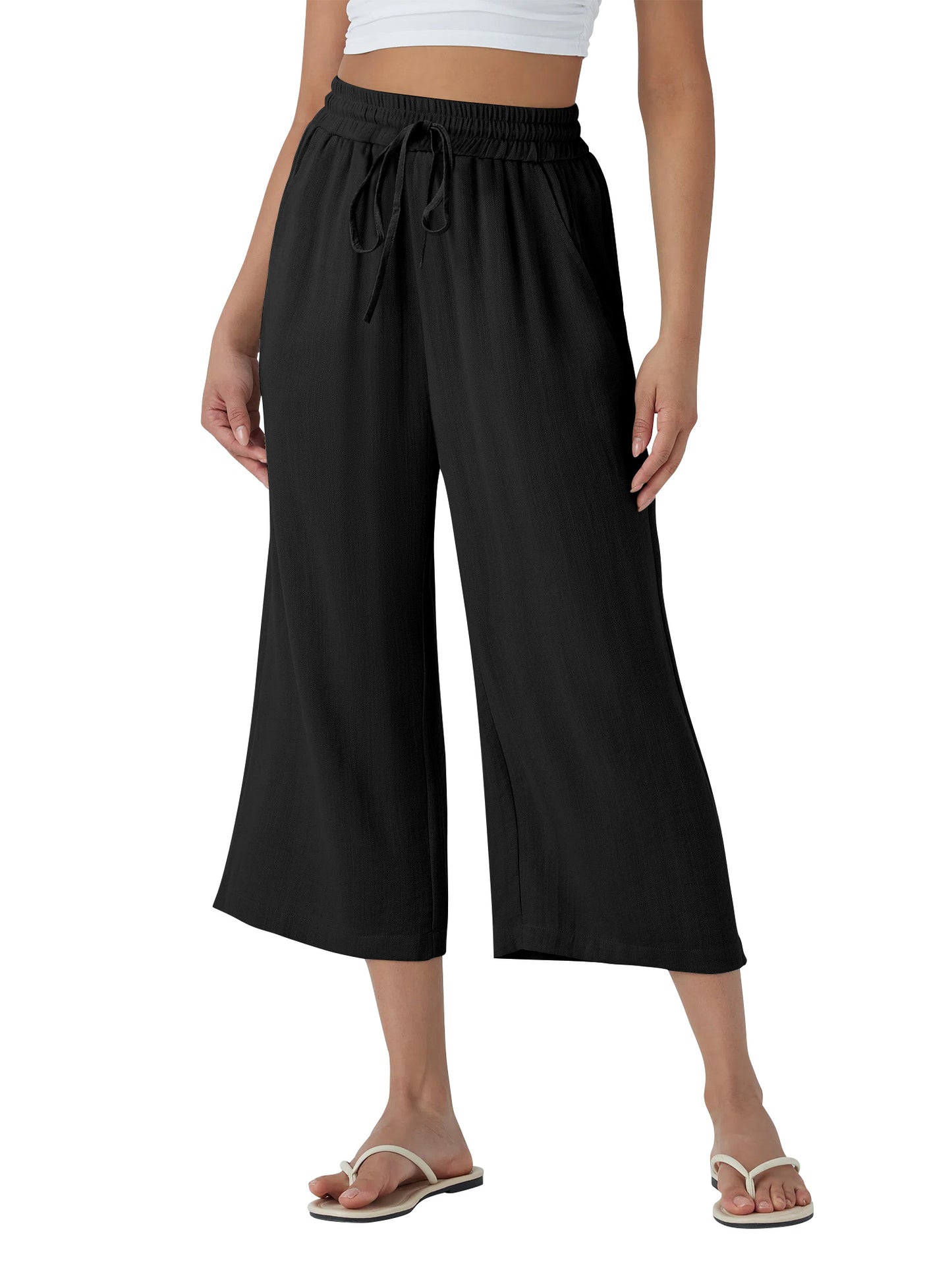 TEMOFON Pants for Women Summer Linen Pants with Pockets Casual Wide Leg Capri Pants Flowy Waisted Drawstring Pants