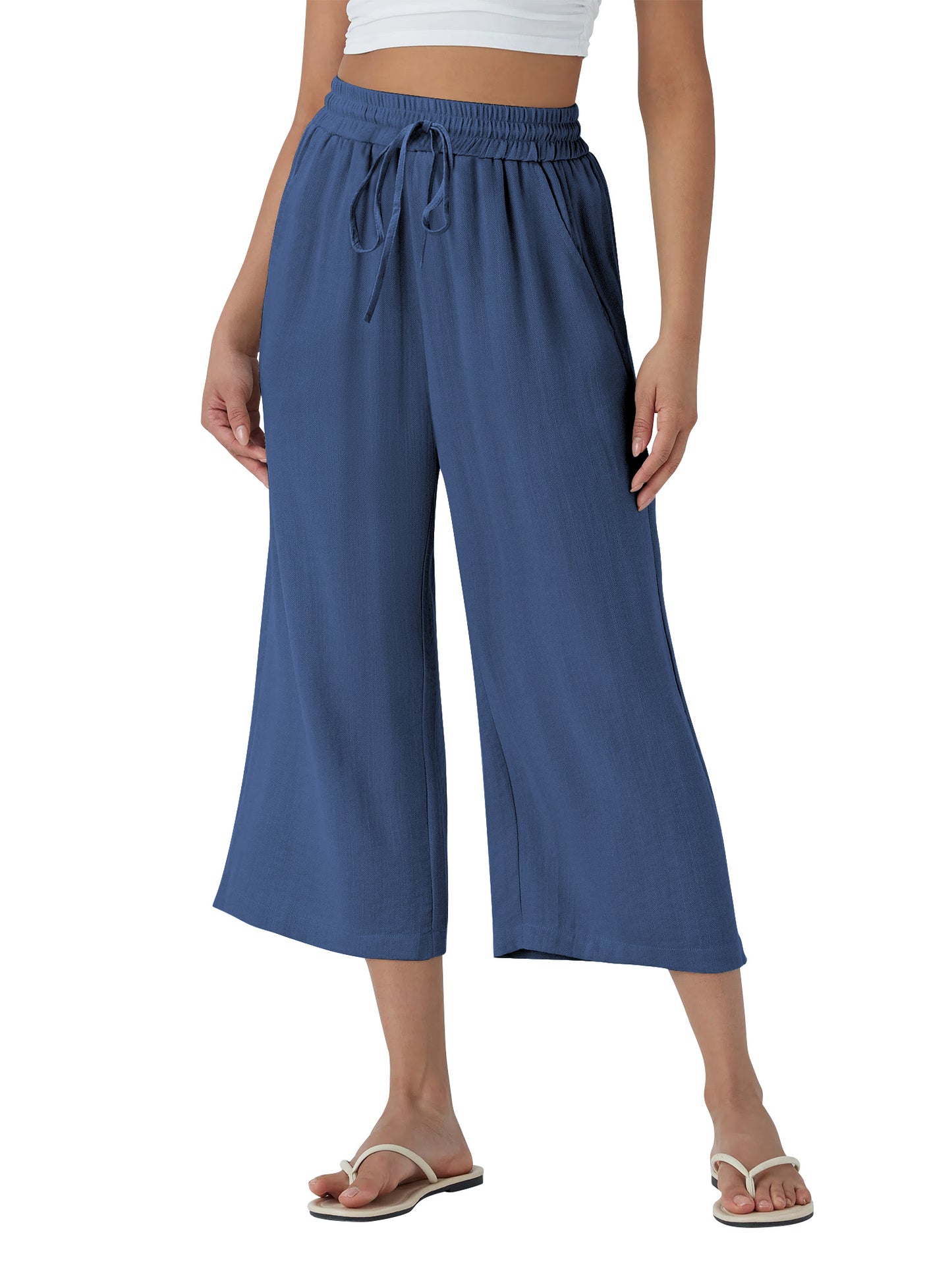 TEMOFON Pants for Women Summer Linen Pants with Pockets Casual Wide Leg Capri Pants Flowy Waisted Drawstring Pants