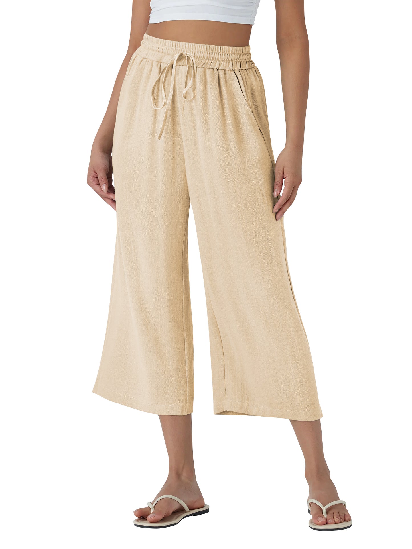 TEMOFON Pants for Women Summer Linen Pants with Pockets Casual Wide Leg Capri Pants Flowy Waisted Drawstring Pants