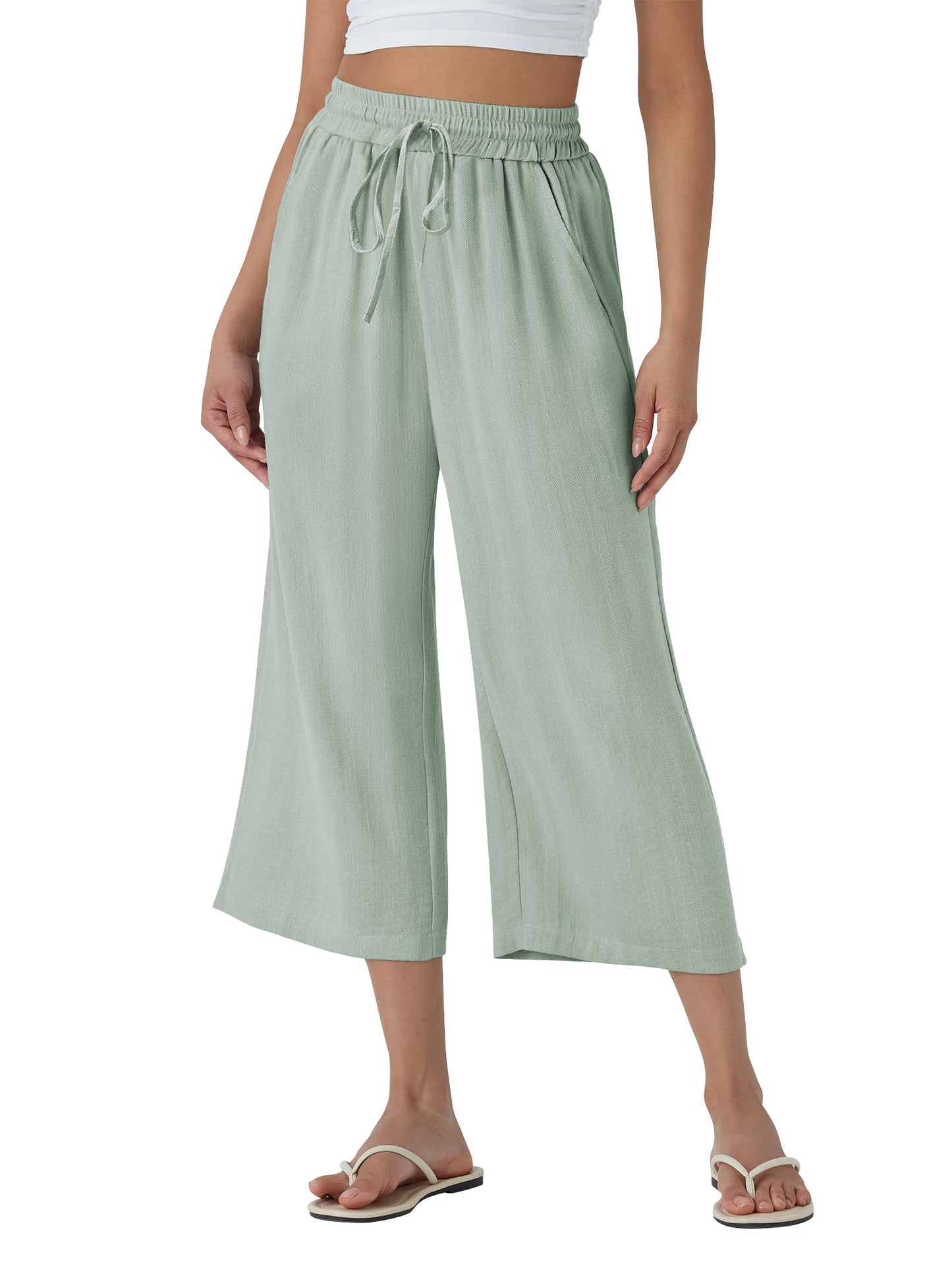 TEMOFON Pants for Women Summer Linen Pants with Pockets Casual Wide Leg Capri Pants Flowy Waisted Drawstring Pants