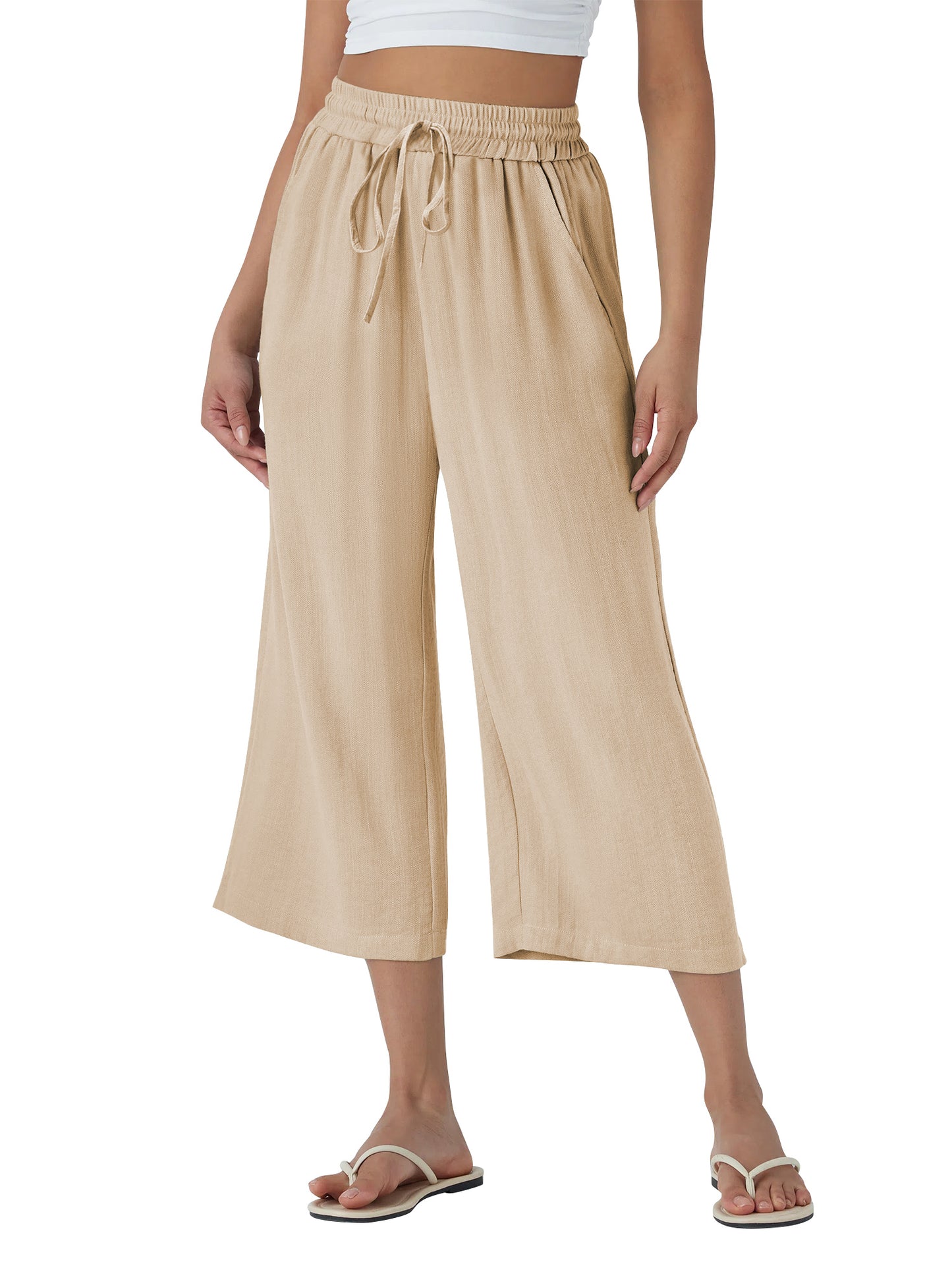 TEMOFON Pants for Women Summer Linen Pants with Pockets Casual Wide Leg Capri Pants Flowy Waisted Drawstring Pants