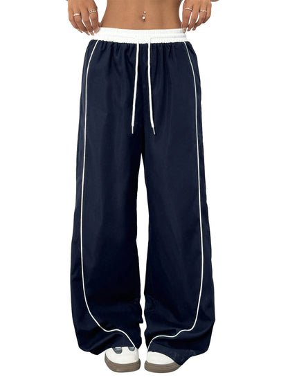 SWQZVT Pants for Women Straight Leg Low Rise Track Pants Wide Leg Drawstring Elastic Low Waist Pants with Pockets