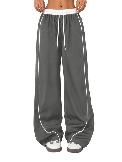 SWQZVT Pants for Women Straight Leg Low Rise Track Pants Wide Leg Drawstring Elastic Low Waist Pants with Pockets