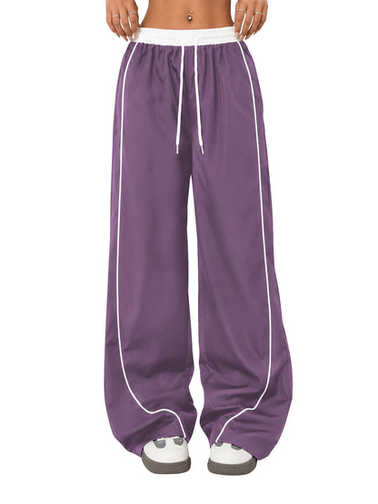 SWQZVT Pants for Women Straight Leg Low Rise Track Pants Wide Leg Drawstring Elastic Low Waist Pants with Pockets