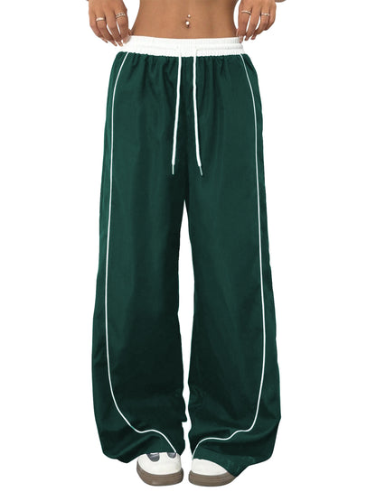 SWQZVT Pants for Women Straight Leg Low Rise Track Pants Wide Leg Drawstring Elastic Low Waist Pants with Pockets