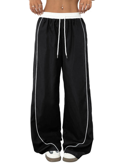 SWQZVT Pants for Women Straight Leg Low Rise Track Pants Wide Leg Drawstring Elastic Low Waist Pants with Pockets