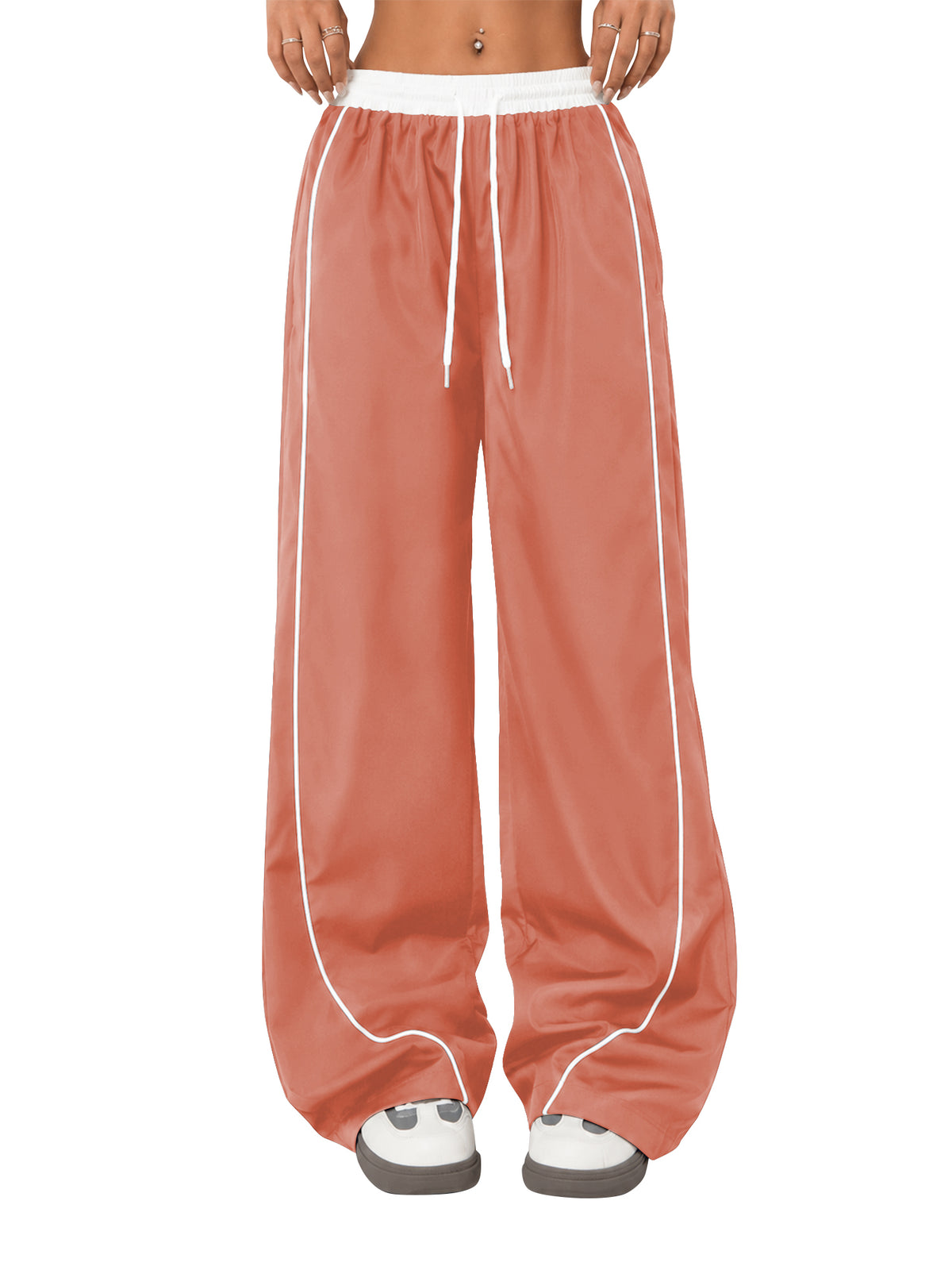 SWQZVT Pants for Women Straight Leg Low Rise Track Pants Wide Leg Drawstring Elastic Low Waist Pants with Pockets