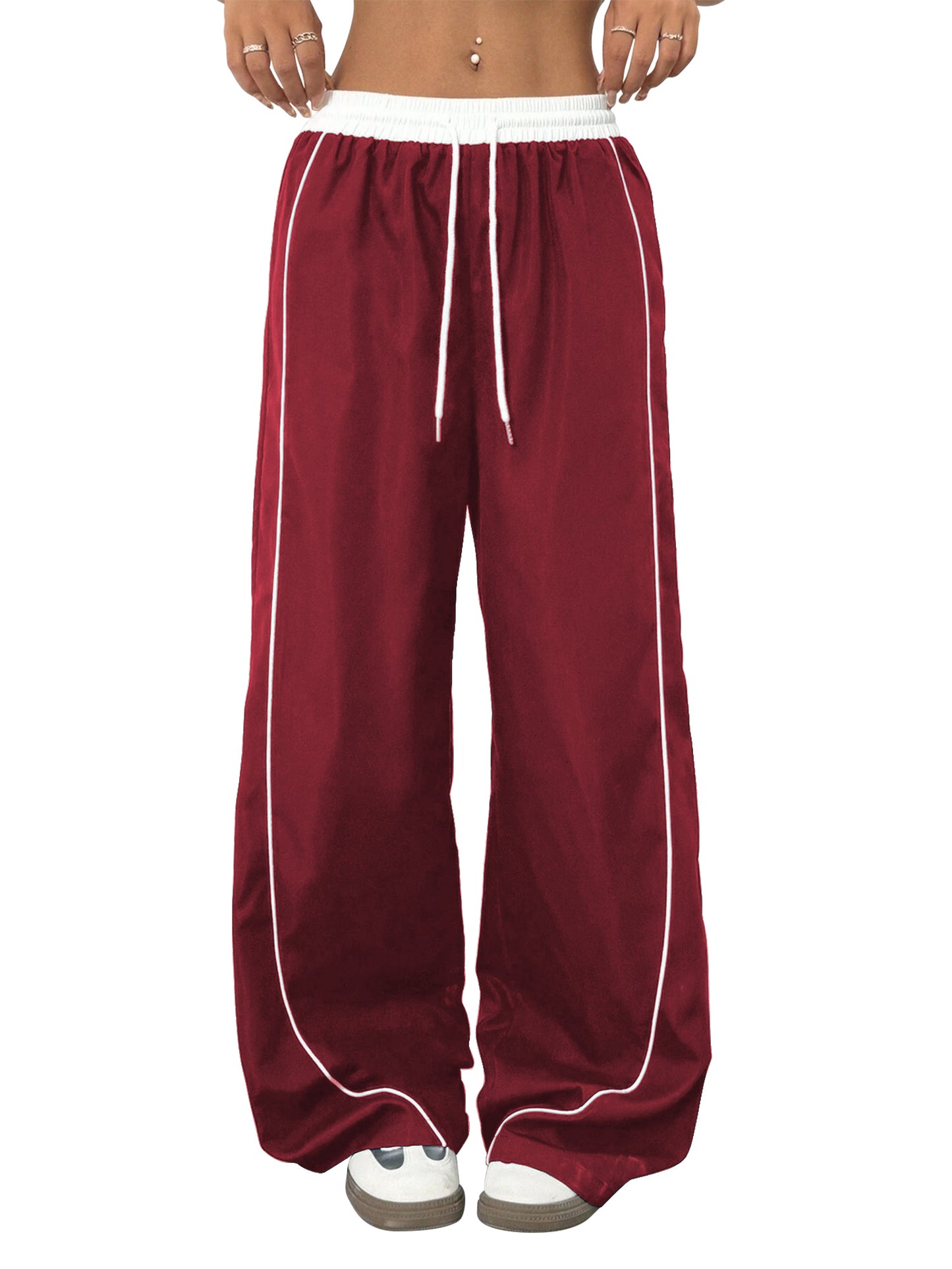 SWQZVT Pants for Women Straight Leg Low Rise Track Pants Wide Leg Drawstring Elastic Low Waist Pants with Pockets