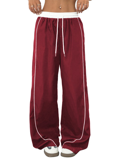SWQZVT Pants for Women Straight Leg Low Rise Track Pants Wide Leg Drawstring Elastic Low Waist Pants with Pockets