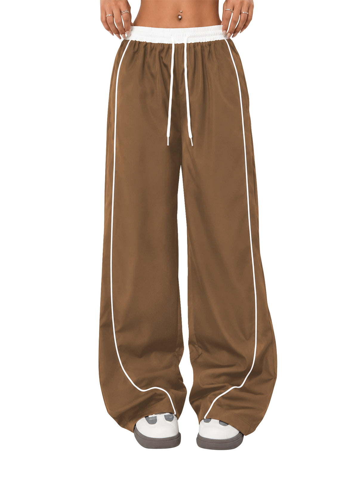 SWQZVT Pants for Women Straight Leg Low Rise Track Pants Wide Leg Drawstring Elastic Low Waist Pants with Pockets