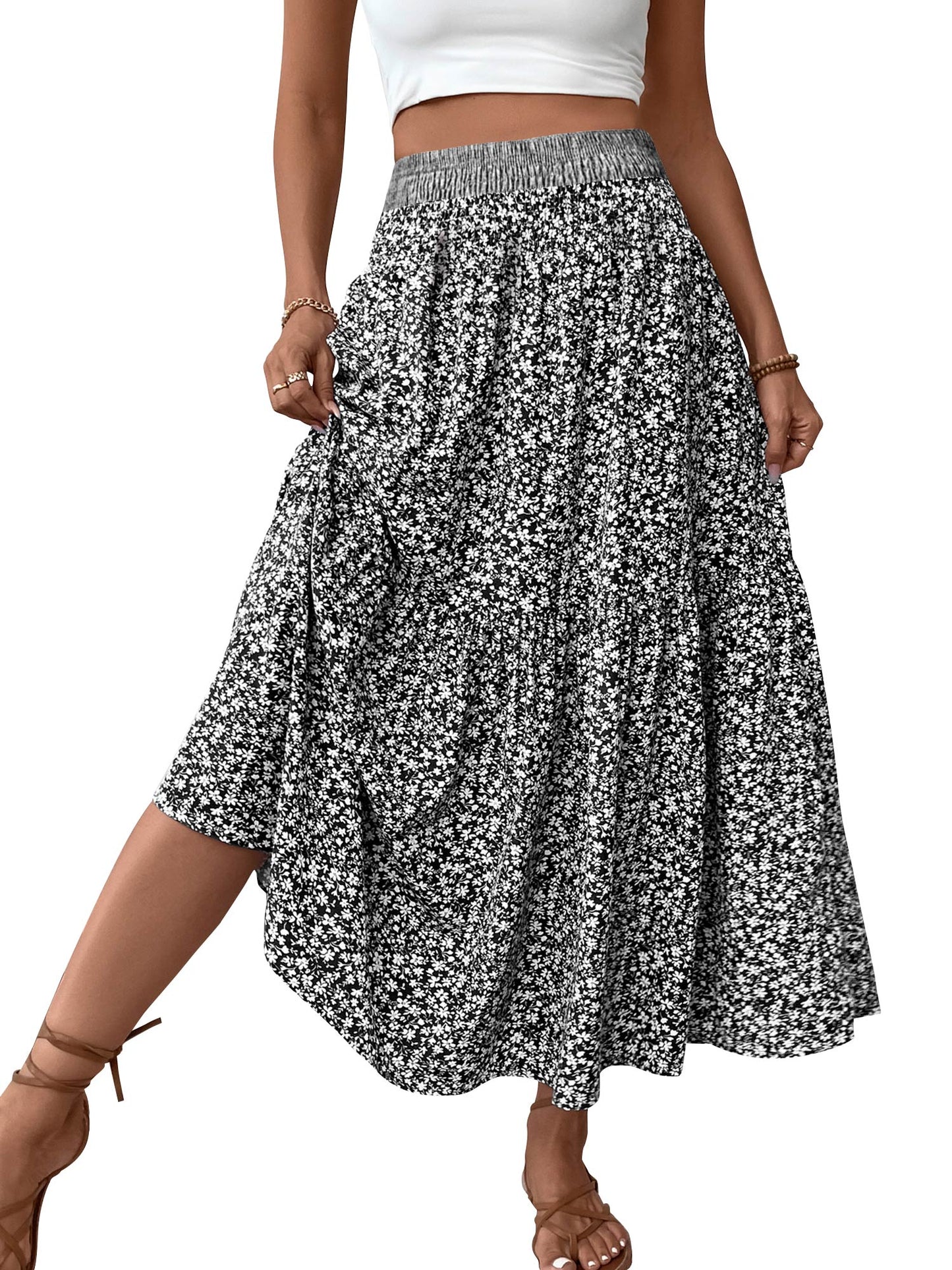 TEMOFON Womens Maxi Skirt Tiny Floral Casual Elastic Waist With Pockets Ruffled Hem Ladies Summer A-Line Long Skirts