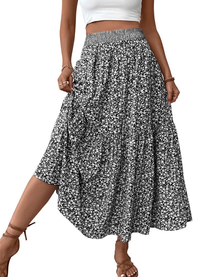 TEMOFON Womens Maxi Skirt Tiny Floral Casual Elastic Waist With Pockets Ruffled Hem Ladies Summer A-Line Long Skirts