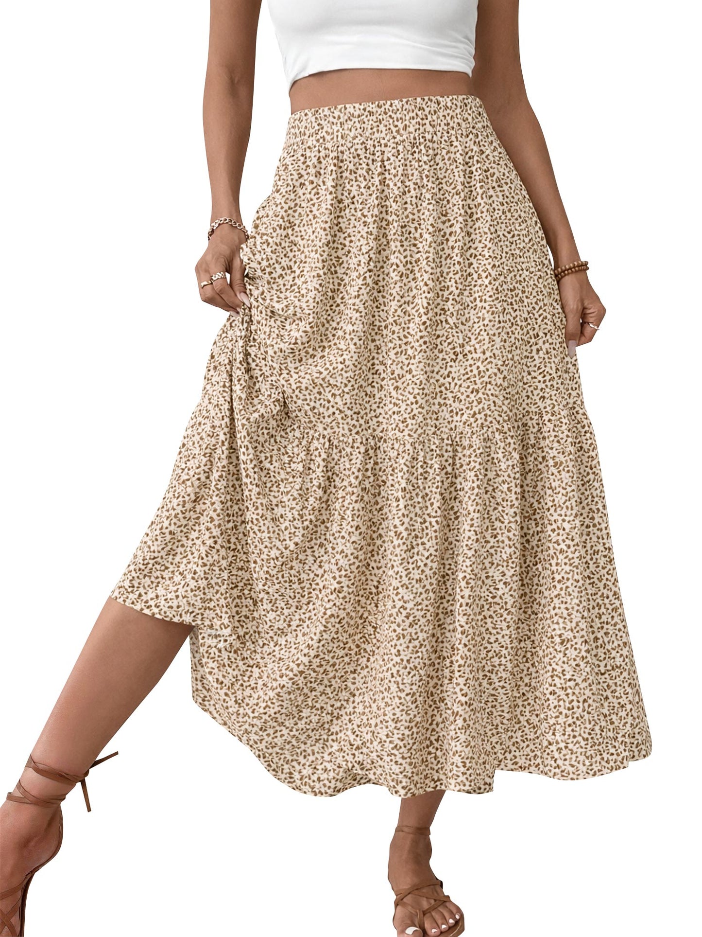 TEMOFON Womens Maxi Skirt Tiny Floral Casual Elastic Waist With Pockets Ruffled Hem Ladies Summer A-Line Long Skirts