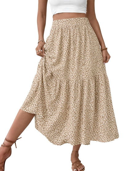 TEMOFON Womens Maxi Skirt Tiny Floral Casual Elastic Waist With Pockets Ruffled Hem Ladies Summer A-Line Long Skirts