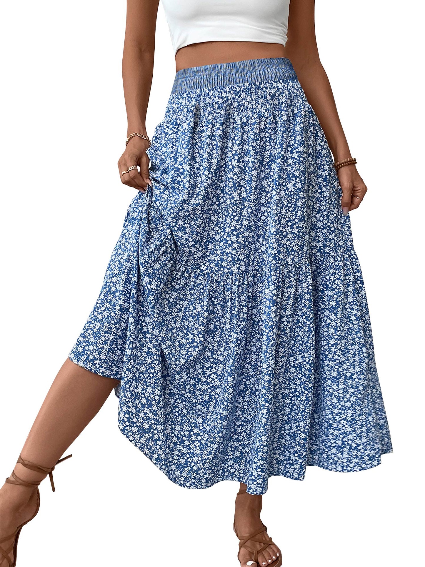 TEMOFON Womens Maxi Skirt Tiny Floral Casual Elastic Waist With Pockets Ruffled Hem Ladies Summer A-Line Long Skirts