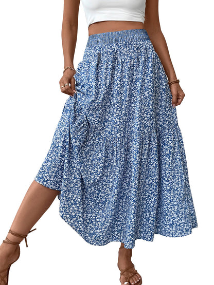 TEMOFON Womens Maxi Skirt Tiny Floral Casual Elastic Waist With Pockets Ruffled Hem Ladies Summer A-Line Long Skirts