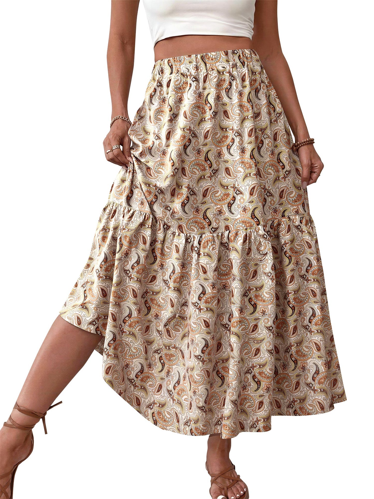 TEMOFON Womens Maxi Skirt Tiny Floral Casual Elastic Waist With Pockets Ruffled Hem Ladies Summer A-Line Long Skirts