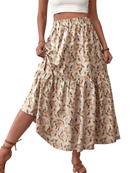 TEMOFON Womens Maxi Skirt Tiny Floral Casual Elastic Waist With Pockets Ruffled Hem Ladies Summer A-Line Long Skirts