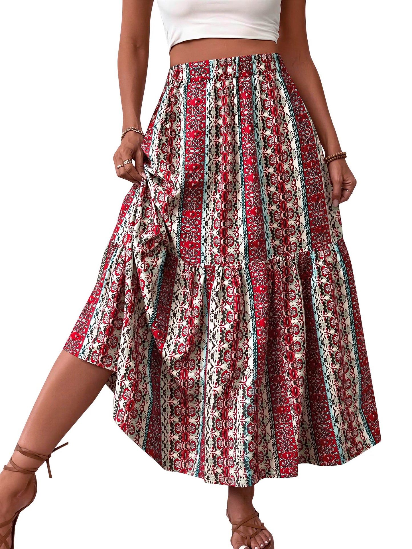 TEMOFON Womens Maxi Skirt Tiny Floral Casual Elastic Waist With Pockets Ruffled Hem Ladies Summer A-Line Long Skirts