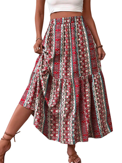 TEMOFON Womens Maxi Skirt Tiny Floral Casual Elastic Waist With Pockets Ruffled Hem Ladies Summer A-Line Long Skirts