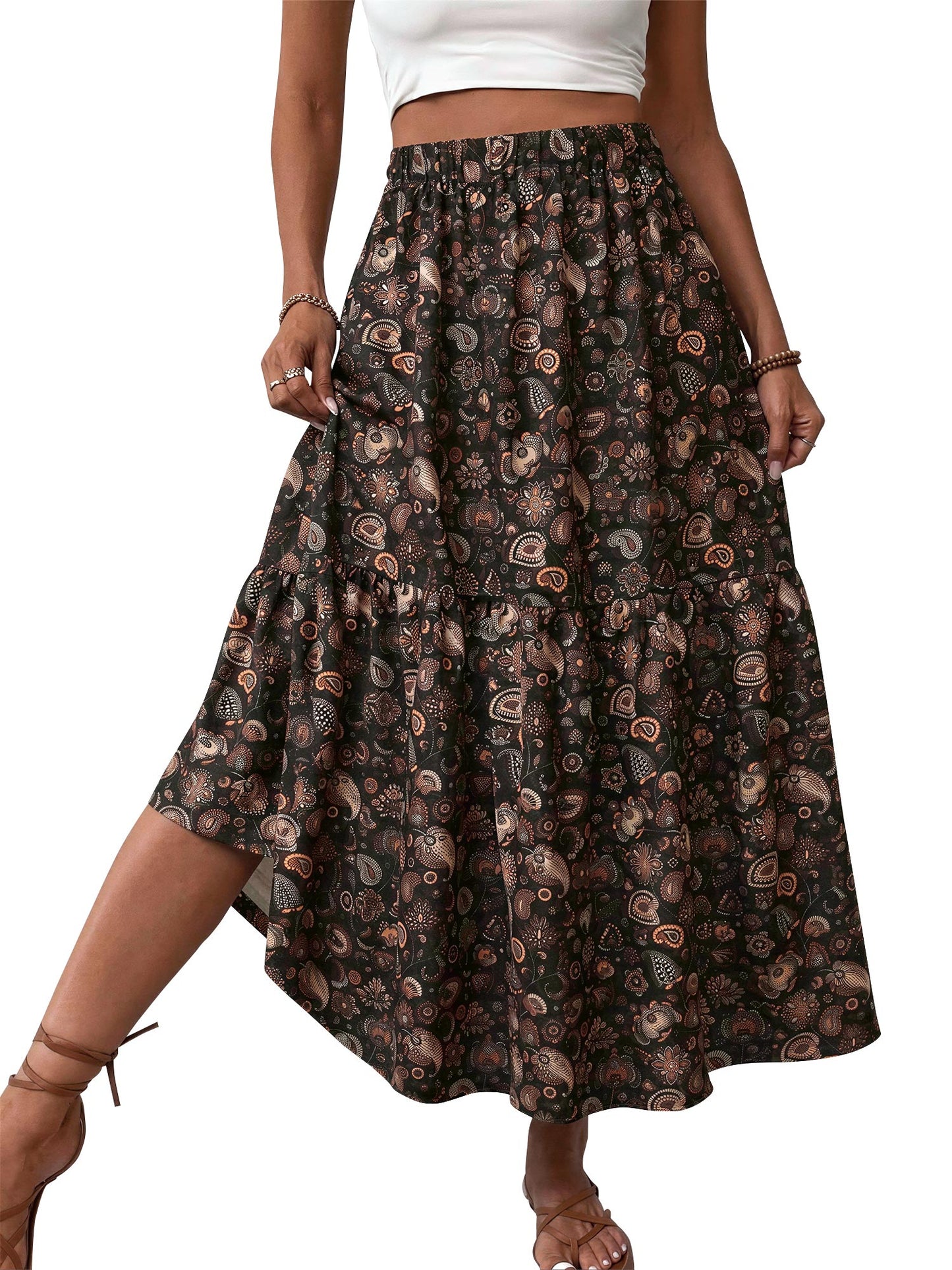 TEMOFON Womens Maxi Skirt Tiny Floral Casual Elastic Waist With Pockets Ruffled Hem Ladies Summer A-Line Long Skirts