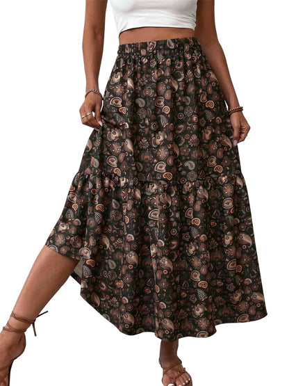 TEMOFON Womens Maxi Skirt Tiny Floral Casual Elastic Waist With Pockets Ruffled Hem Ladies Summer A-Line Long Skirts