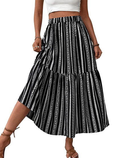 TEMOFON Womens Maxi Skirt Tiny Floral Casual Elastic Waist With Pockets Ruffled Hem Ladies Summer A-Line Long Skirts