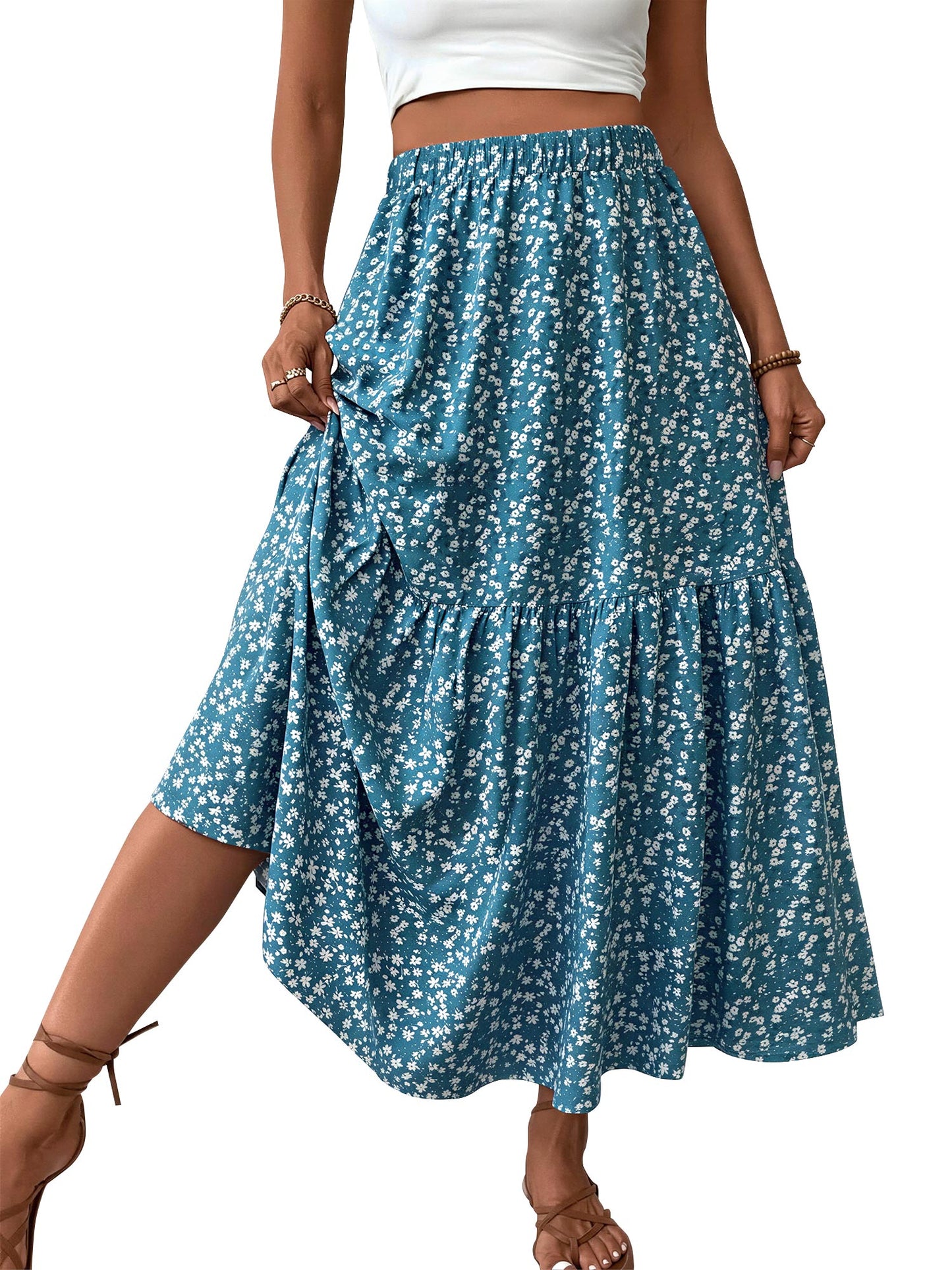 TEMOFON Womens Maxi Skirt Tiny Floral Casual Elastic Waist With Pockets Ruffled Hem Ladies Summer A-Line Long Skirts