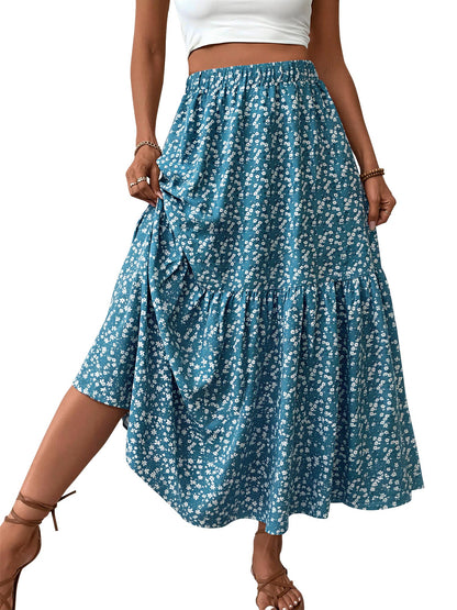 TEMOFON Womens Maxi Skirt Tiny Floral Casual Elastic Waist With Pockets Ruffled Hem Ladies Summer A-Line Long Skirts