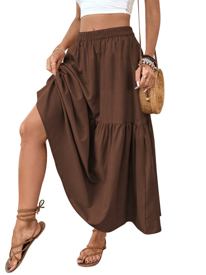 TEMOFON Womens Maxi Skirt Tiny Floral Casual Elastic Waist With Pockets Ruffled Hem Ladies Summer A-Line Long Skirts