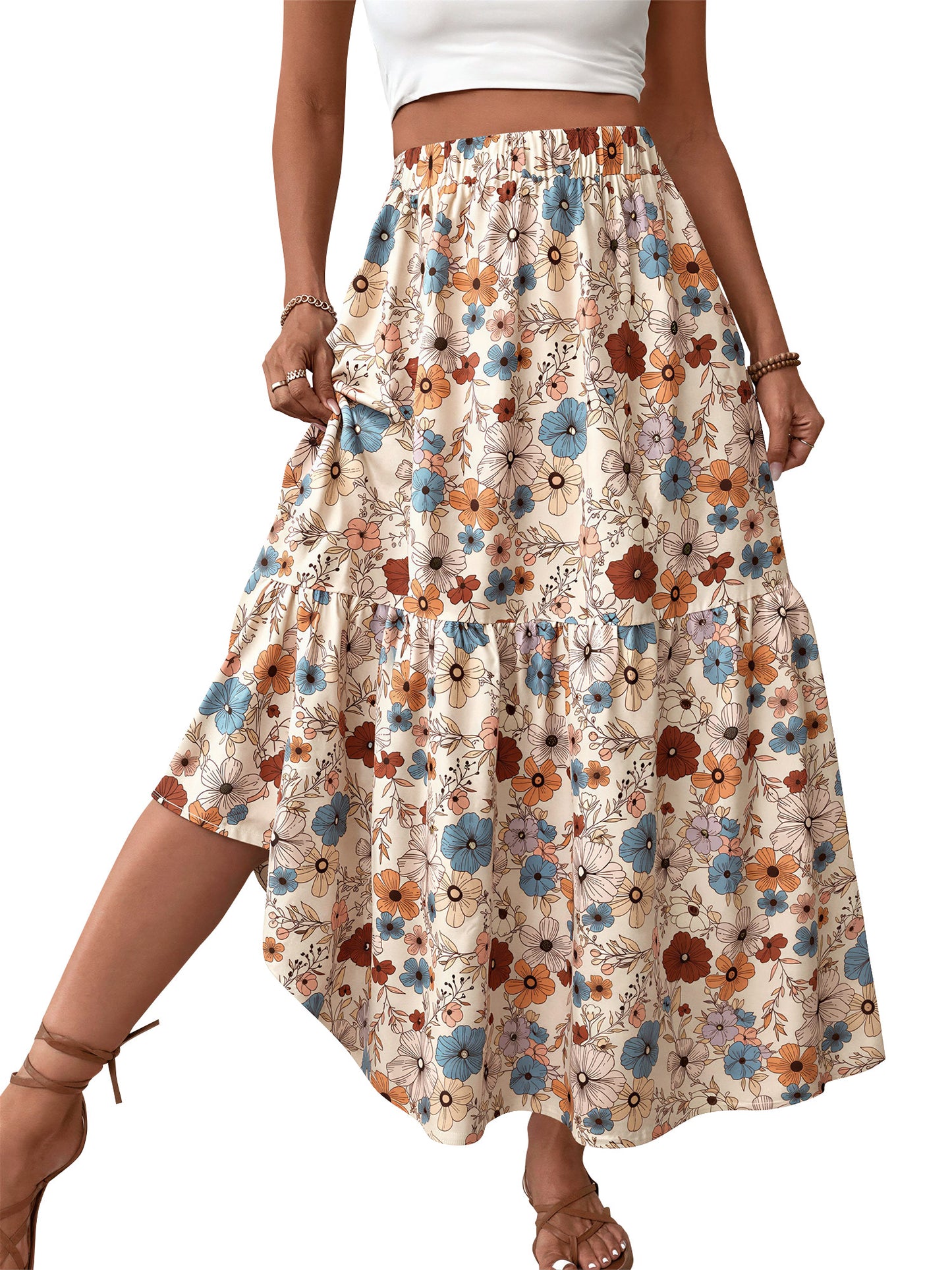TEMOFON Womens Maxi Skirt Tiny Floral Casual Elastic Waist With Pockets Ruffled Hem Ladies Summer A-Line Long Skirts