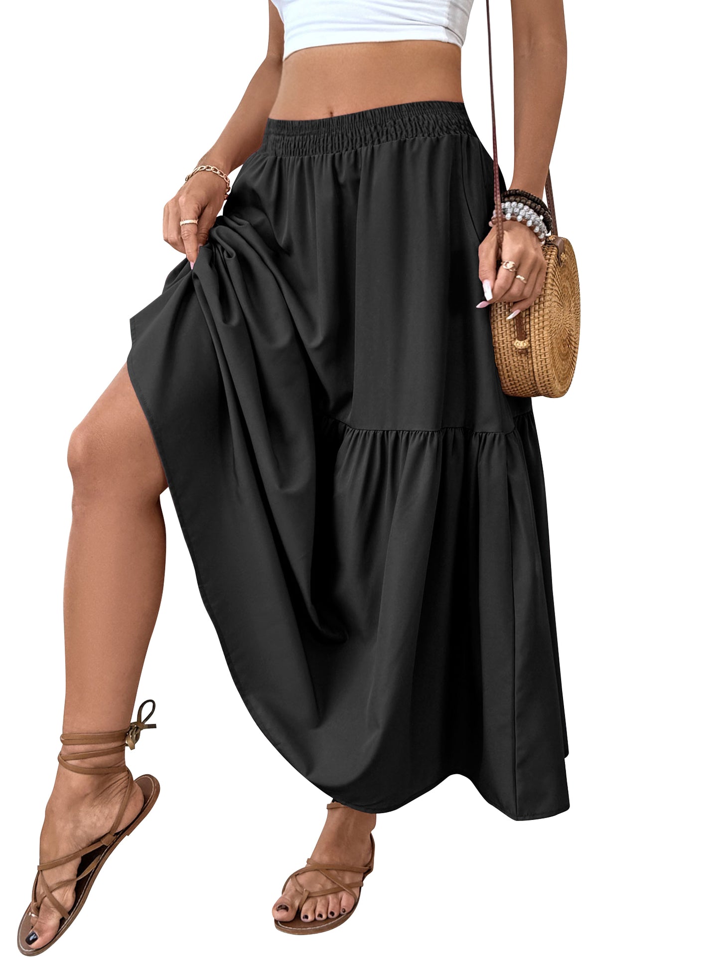 TEMOFON Womens Maxi Skirt Tiny Floral Casual Elastic Waist With Pockets Ruffled Hem Ladies Summer A-Line Long Skirts