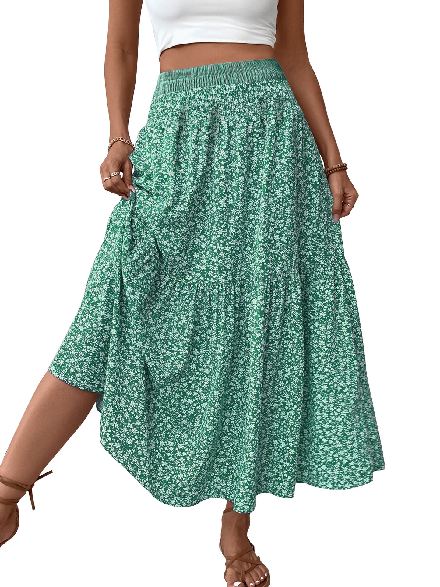 TEMOFON Womens Maxi Skirt Tiny Floral Casual Elastic Waist With Pockets Ruffled Hem Ladies Summer A-Line Long Skirts