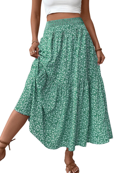 TEMOFON Womens Maxi Skirt Tiny Floral Casual Elastic Waist With Pockets Ruffled Hem Ladies Summer A-Line Long Skirts