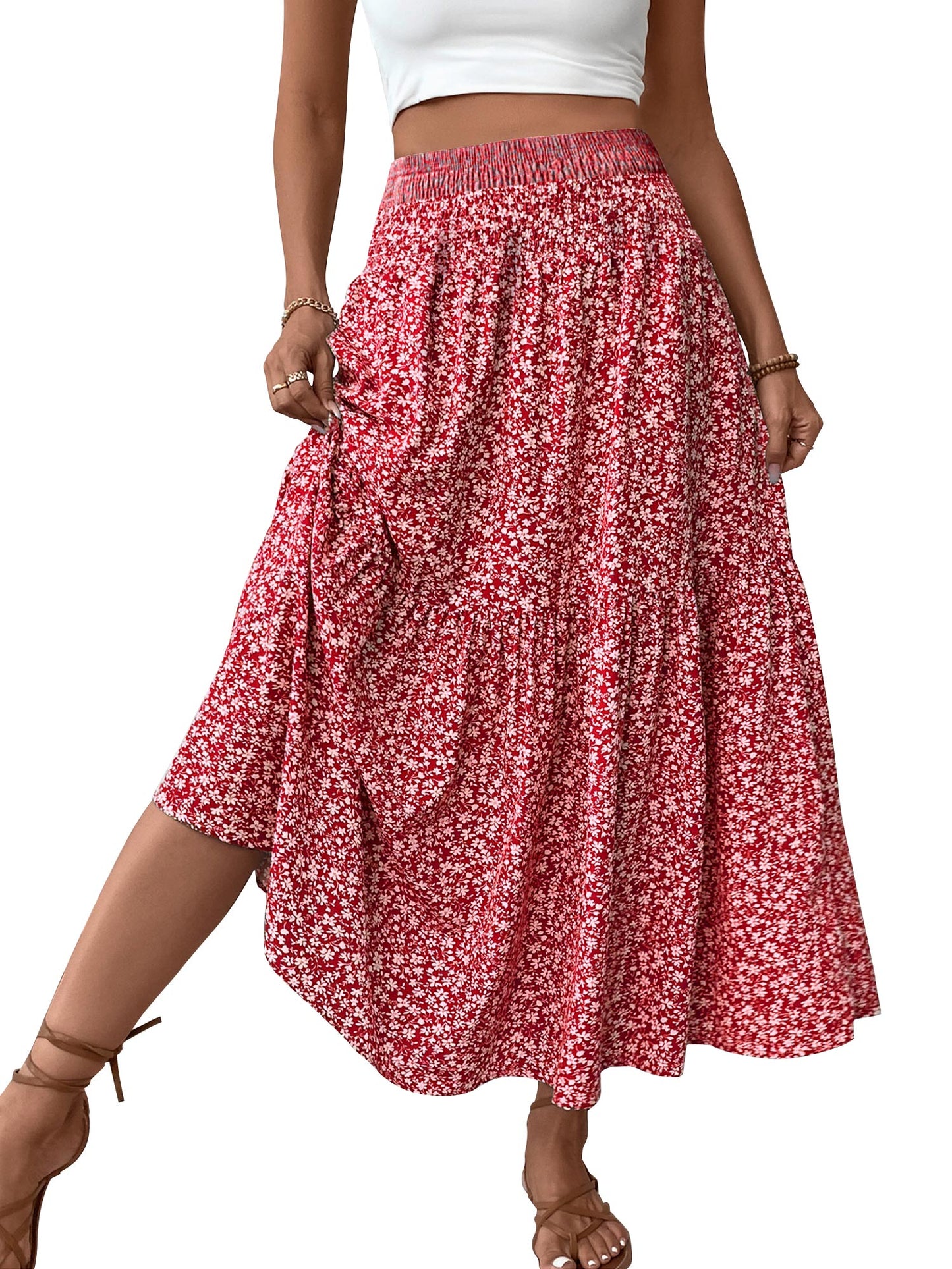 TEMOFON Womens Maxi Skirt Tiny Floral Casual Elastic Waist With Pockets Ruffled Hem Ladies Summer A-Line Long Skirts