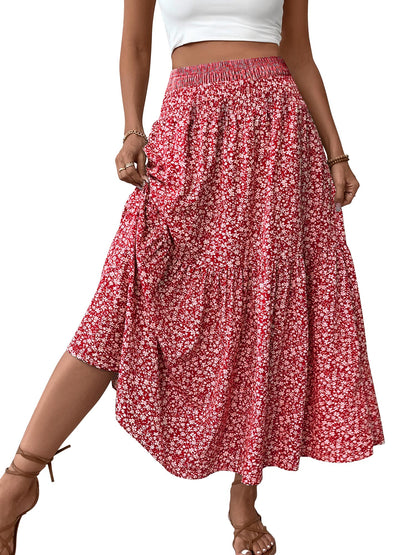 TEMOFON Womens Maxi Skirt Tiny Floral Casual Elastic Waist With Pockets Ruffled Hem Ladies Summer A-Line Long Skirts