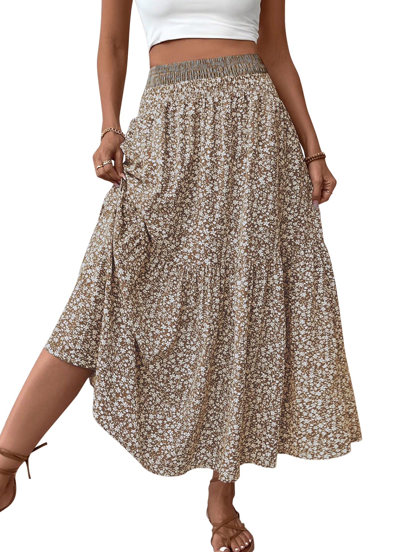 TEMOFON Womens Maxi Skirt Tiny Floral Casual Elastic Waist With Pockets Ruffled Hem Ladies Summer A-Line Long Skirts