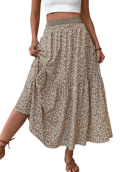 TEMOFON Womens Maxi Skirt Tiny Floral Casual Elastic Waist With Pockets Ruffled Hem Ladies Summer A-Line Long Skirts