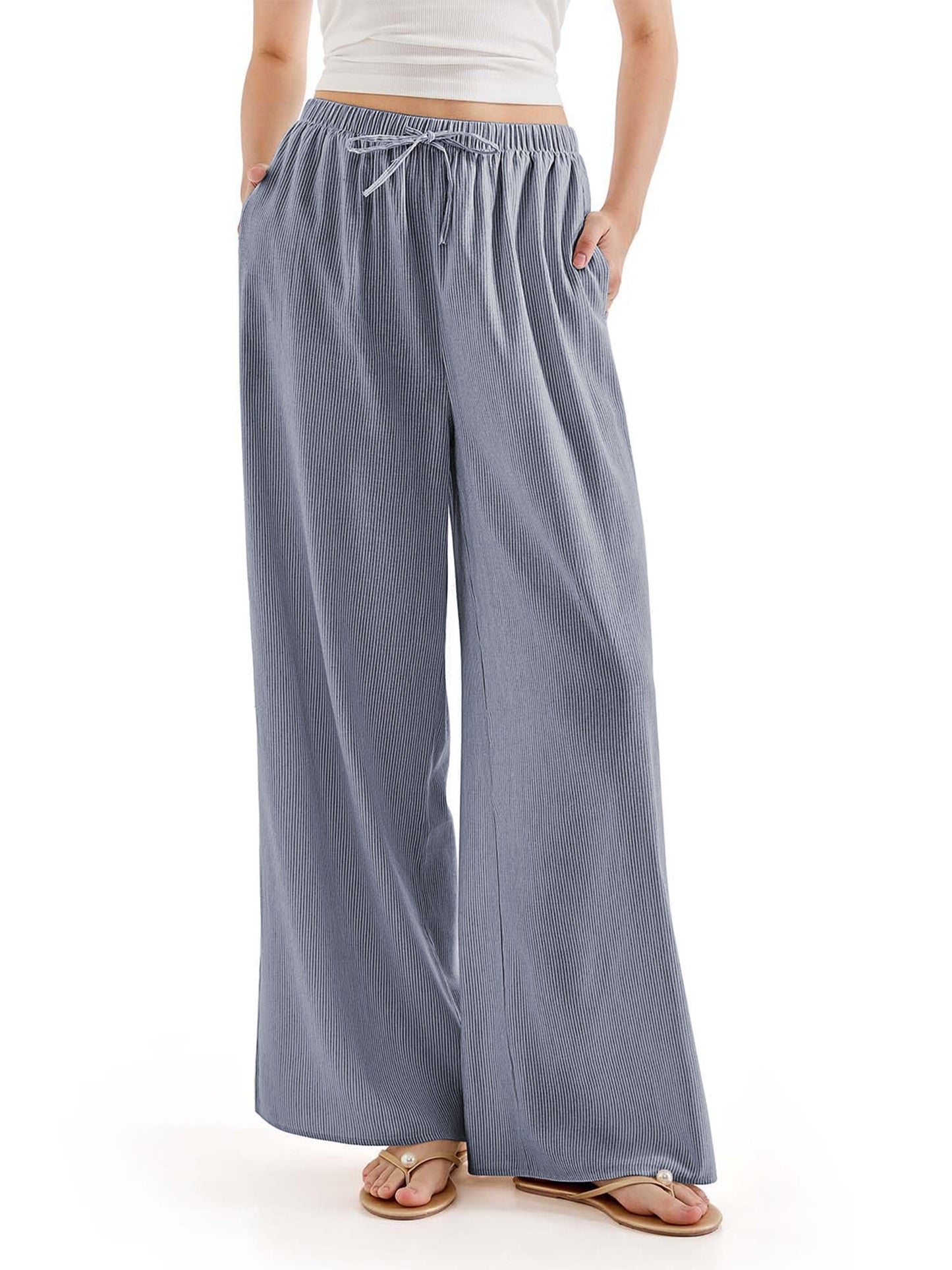 SWQZVT Women's Linen Wide Leg Pants High Waisted Palazzo Lounge Pants Drawstring Elastic Waist Casual Summer Beach Vacation Pants with Pockets