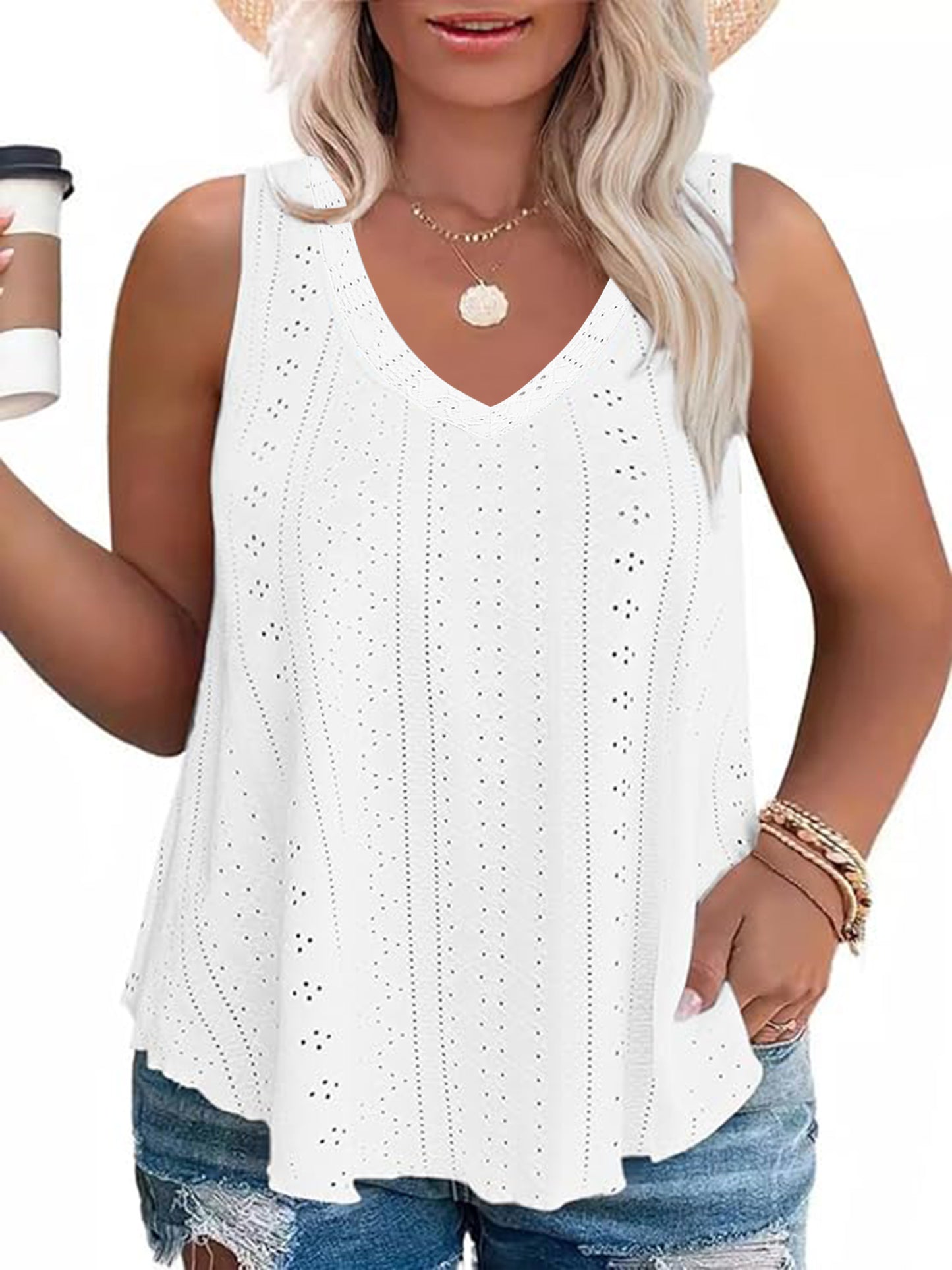 LANREMON Plus Size Tank Tops Womens Summer Tank Top for Women White Eyelet Embroidery Scoop Neck Loose Fit Sleeveless Tunic Tops
