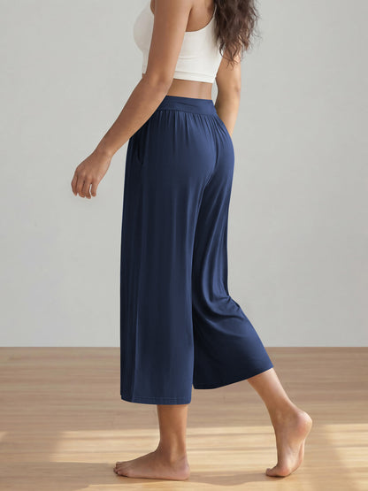 SWQZVT Women's Wide Leg Palazzo Lounge Capri Pants with Pockets High Waist Cropped Yoga Casual Pajama Pants