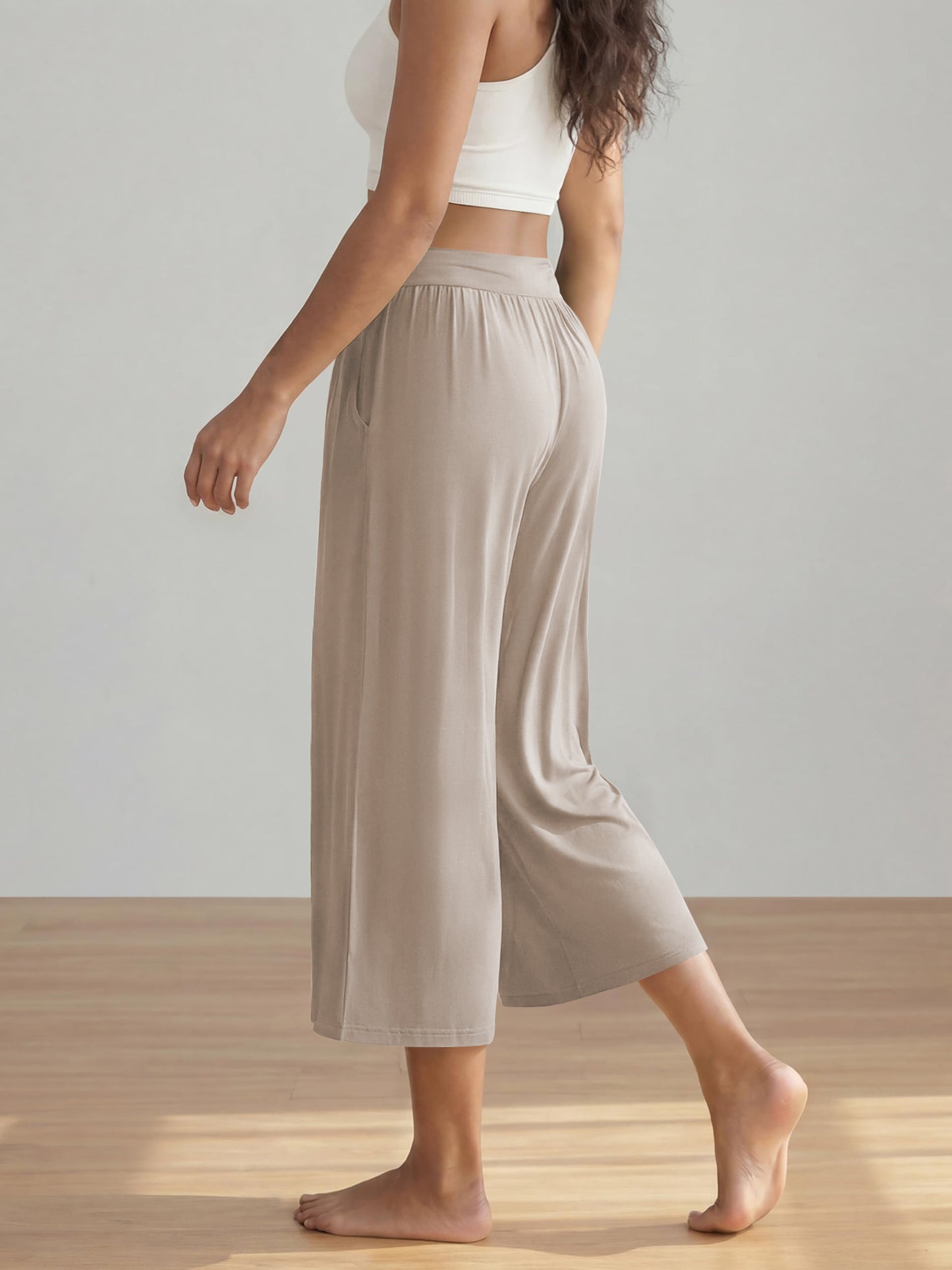 SWQZVT Women's Wide Leg Palazzo Lounge Capri Pants with Pockets High Waist Cropped Yoga Casual Pajama Pants