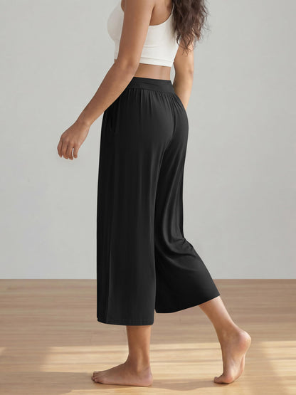 SWQZVT Women's Wide Leg Palazzo Lounge Capri Pants with Pockets High Waist Cropped Yoga Casual Pajama Pants