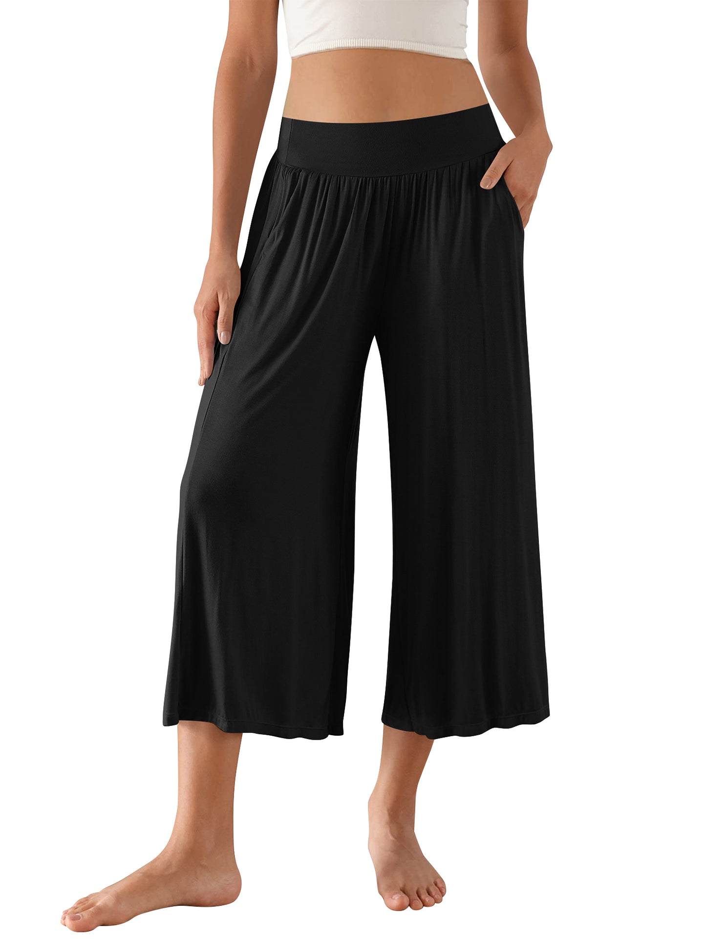 SWQZVT Women's Wide Leg Palazzo Lounge Capri Pants with Pockets High Waist Cropped Yoga Casual Pajama Pants