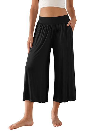 SWQZVT Women's Wide Leg Palazzo Lounge Capri Pants with Pockets High Waist Cropped Yoga Casual Pajama Pants