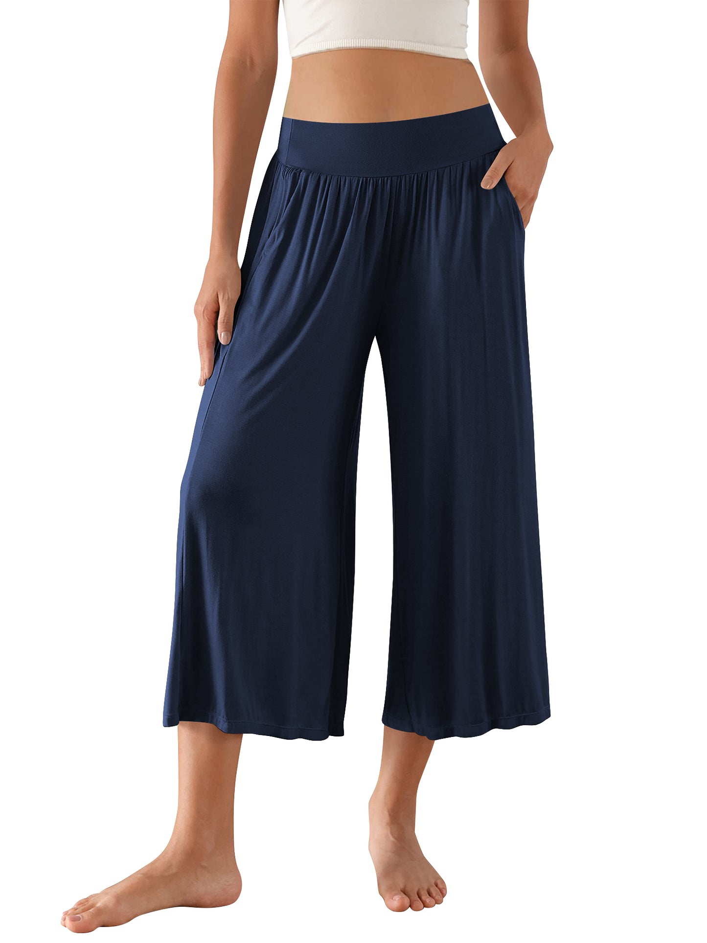SWQZVT Women's Wide Leg Palazzo Lounge Capri Pants with Pockets High Waist Cropped Yoga Casual Pajama Pants