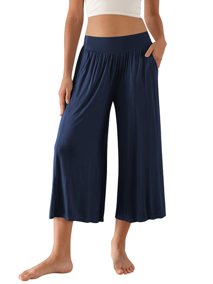 SWQZVT Women's Wide Leg Palazzo Lounge Capri Pants with Pockets High Waist Cropped Yoga Casual Pajama Pants