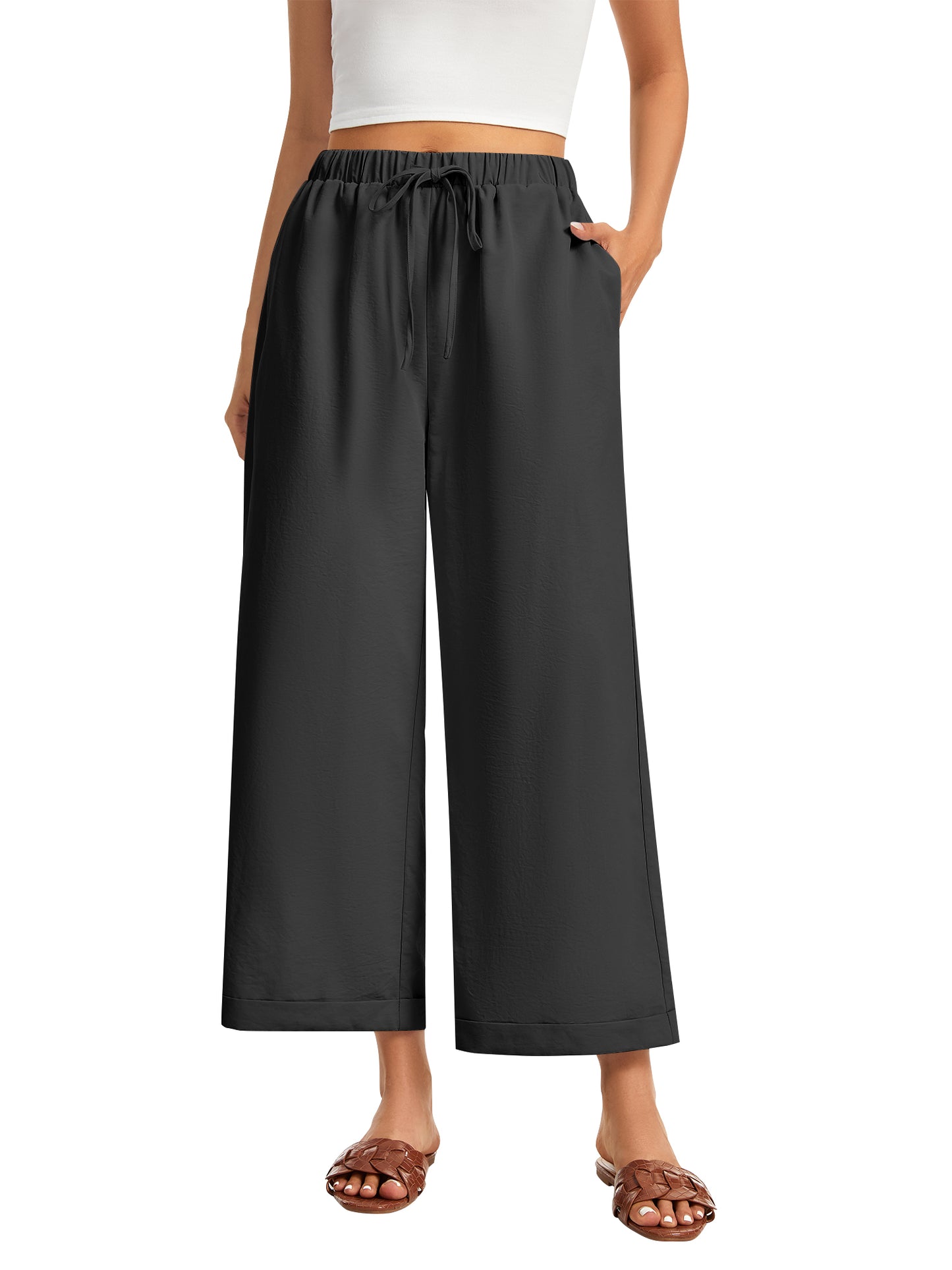 SWQZVT Women's Casual Wide Leg Pants Wide Leg Pants Drawstring Elastic Mid Waist Pants with Pockets Khaki