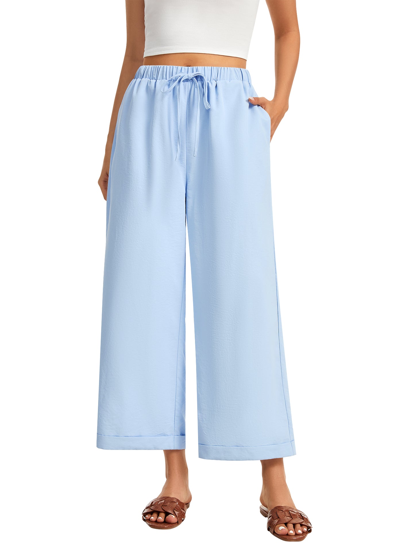 SWQZVT Women's Casual Wide Leg Pants Wide Leg Pants Drawstring Elastic Mid Waist Pants with Pockets Khaki